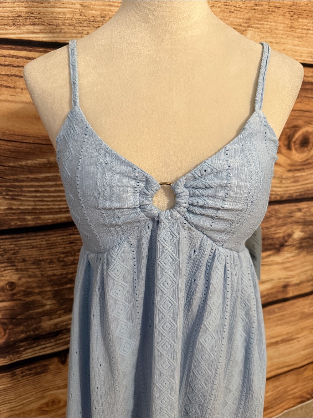 No Boundaries Light Blue Eyelet Mini Dress with Front Ring - Picture 3 of 7